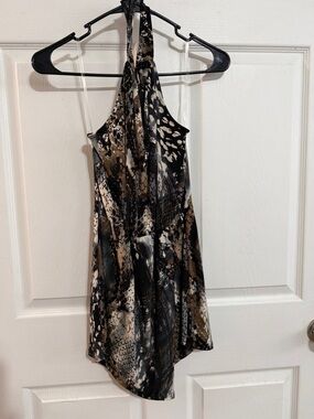 Fashion Nova Black and Brown One-Shoulder Snake-Print Dress